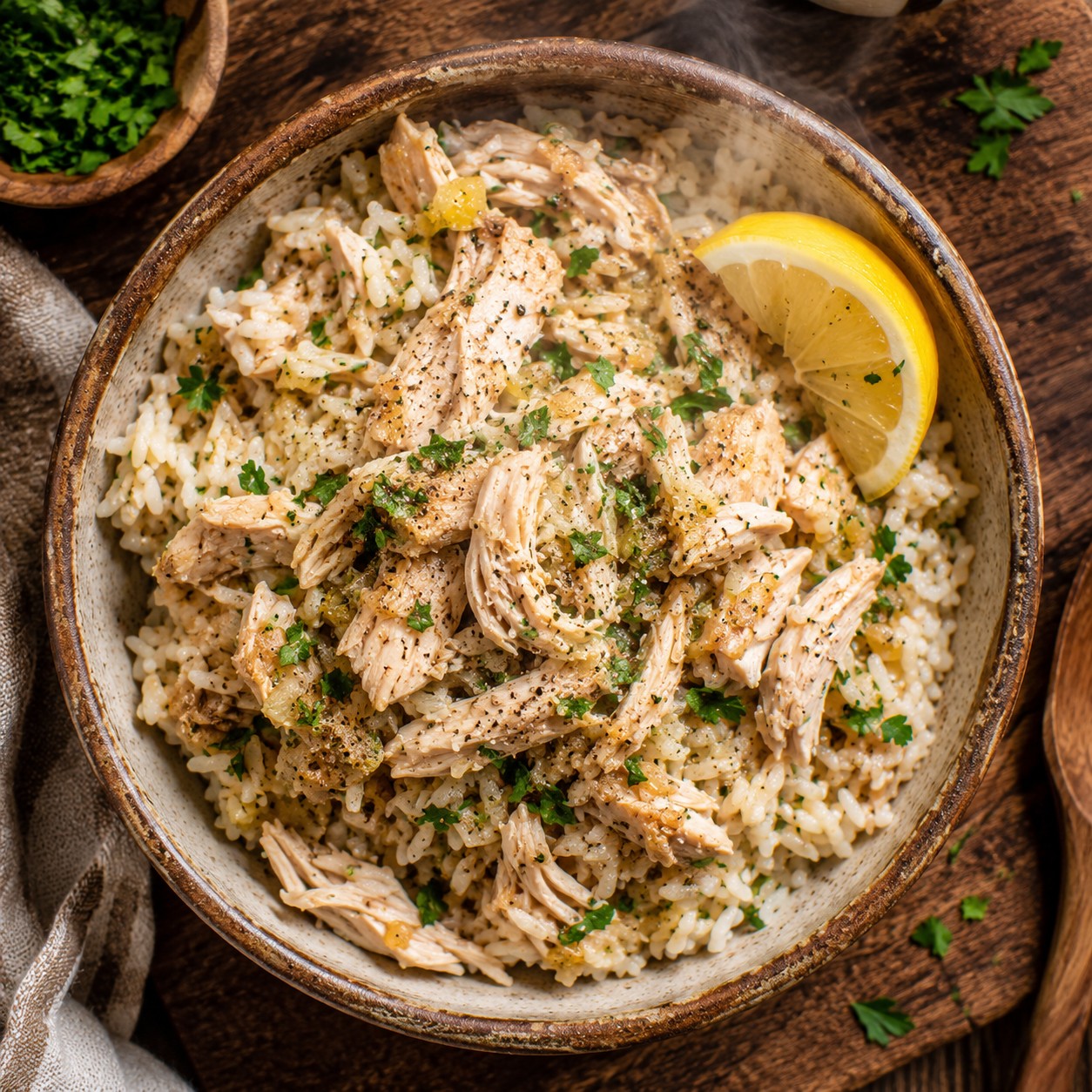 A bowl of chicken and rice with vegetables, served straight from the Instant Pot