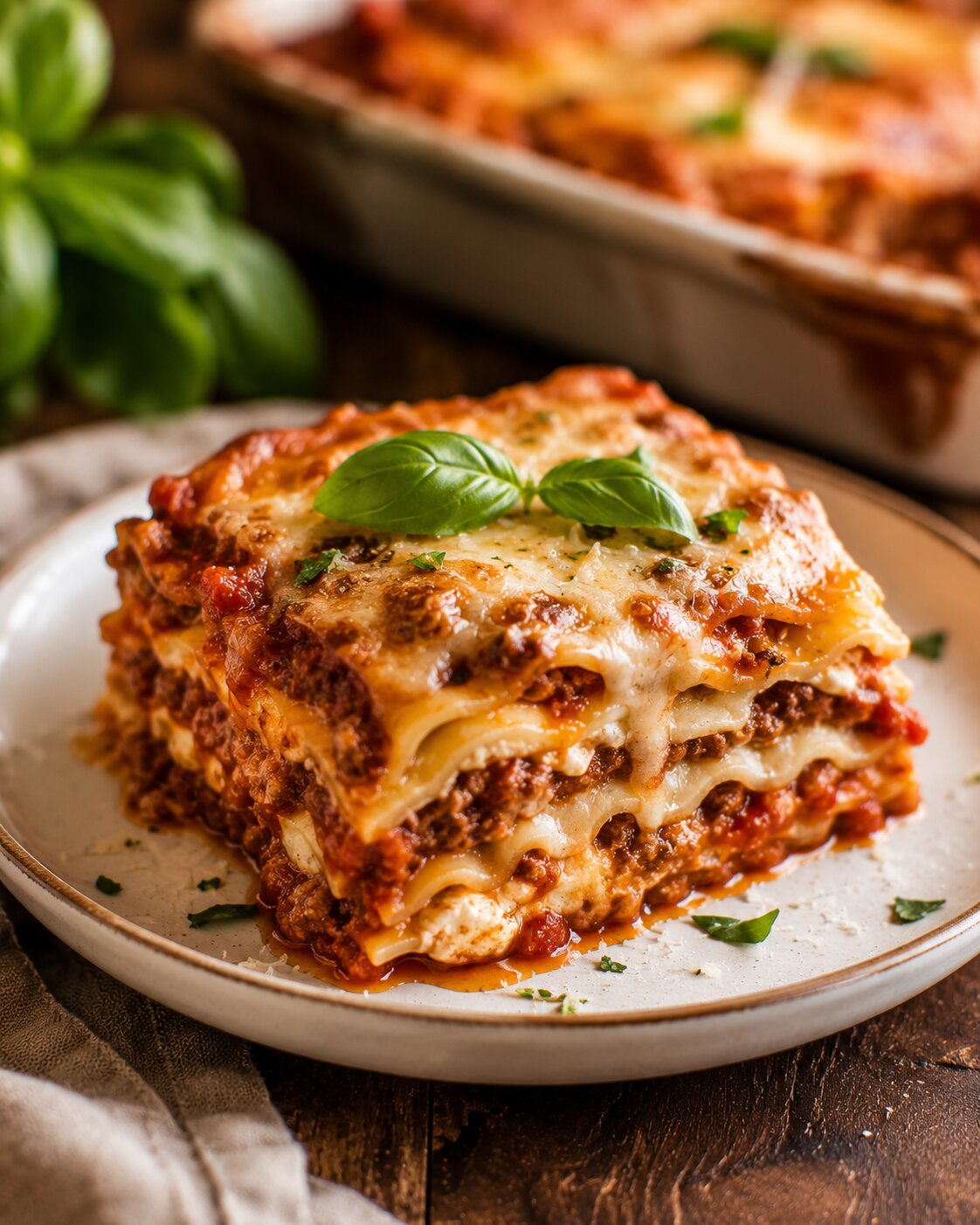 A slice of layered meat lasagna being lifted from the pan, cheese stretching