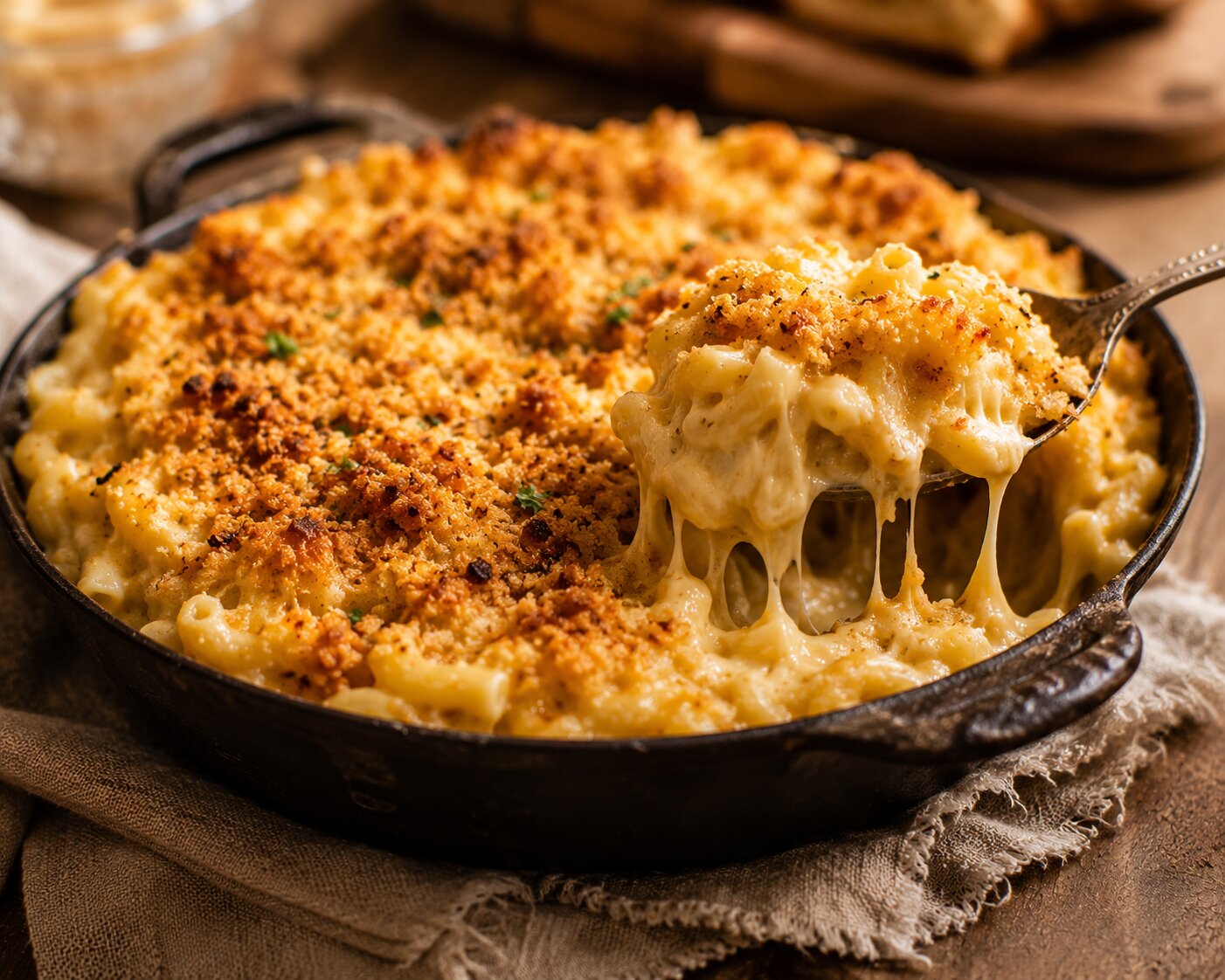 A skillet of baked mac and cheese with a golden, crispy breadcrumb top