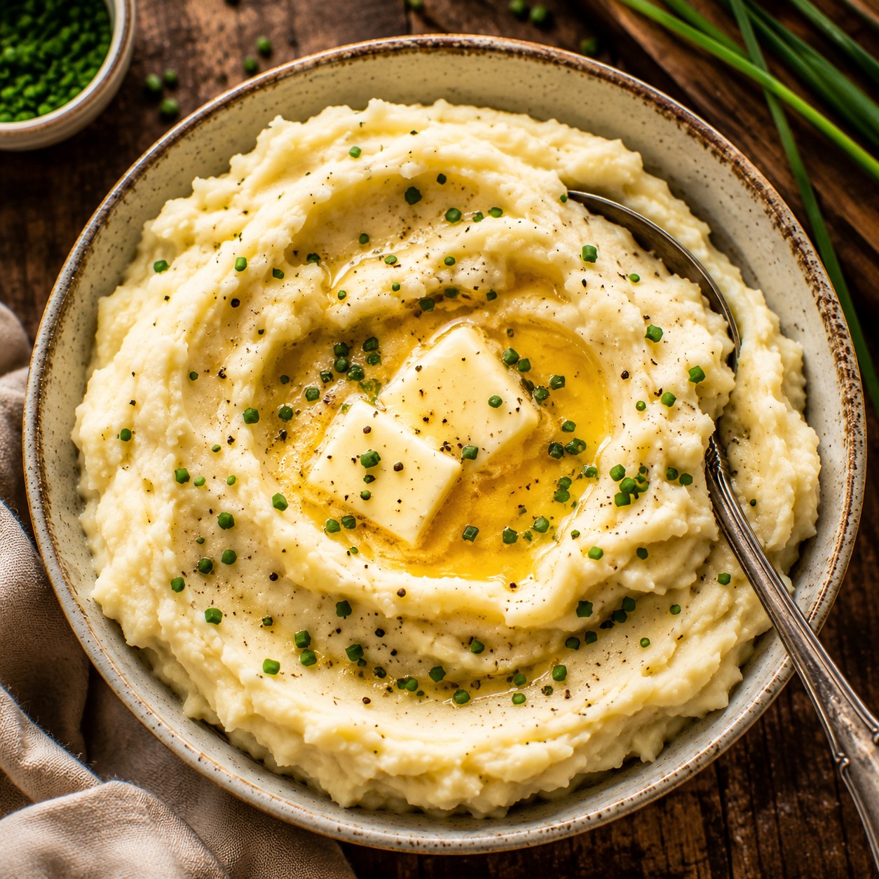 A bowl of creamy mashed potatoes with a well of melted butter in the center, topped with cracked pepper