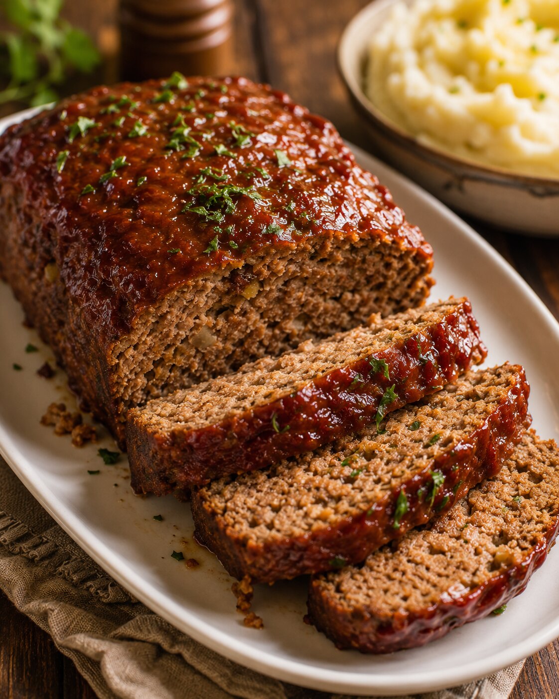 A sliced classic meatloaf with a glossy ketchup glaze on top, served on a platter