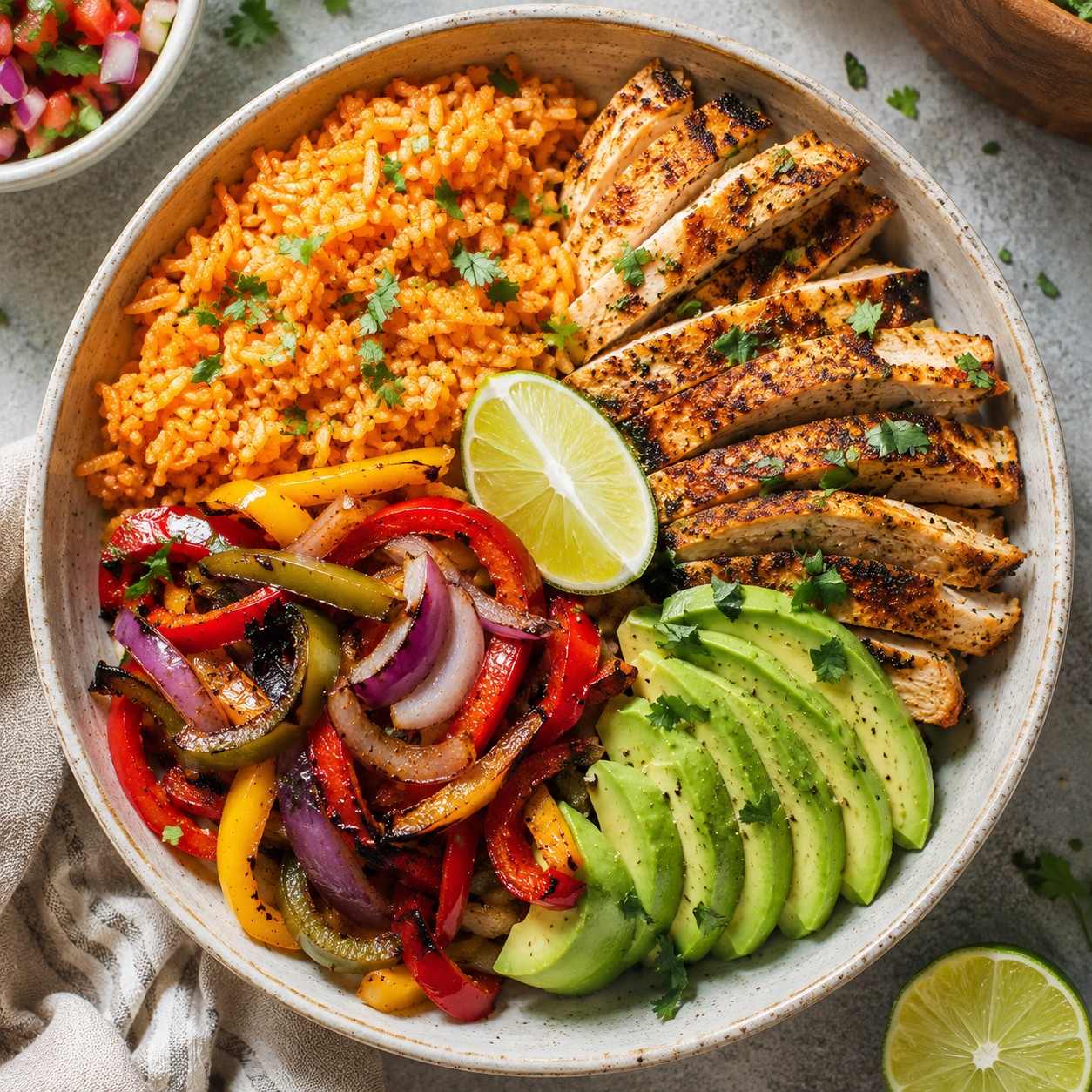 A chicken fajita bowl with rice, charred peppers and onions, sliced chicken, avocado, and lime