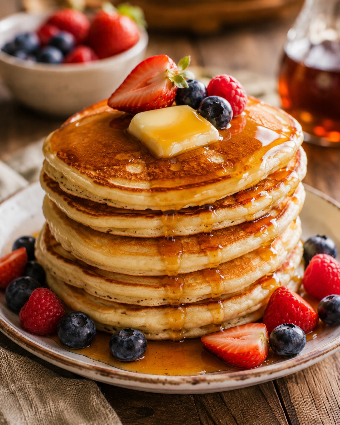 A stack of fluffy buttermilk pancakes topped with butter, syrup, and berries