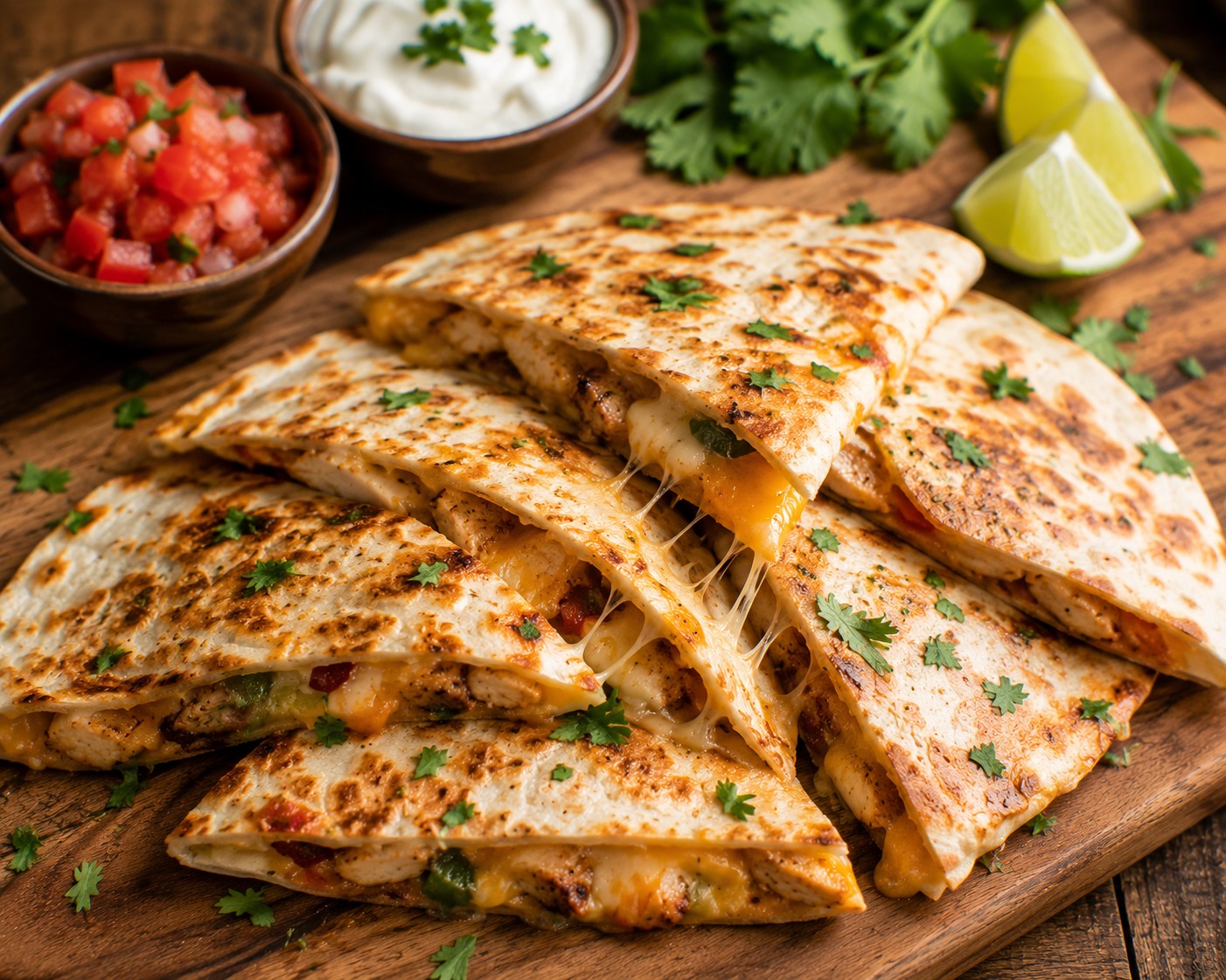 A chicken quesadilla cut into wedges, cheese pulling between the pieces, served with salsa and sour cream