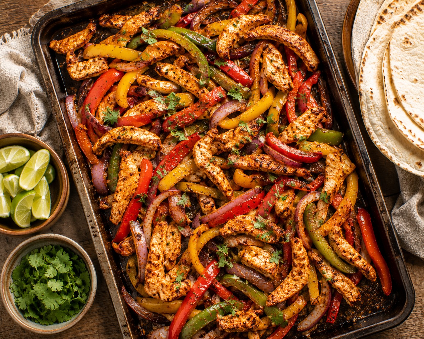 A sheet pan of roasted chicken fajita strips with charred peppers and onions