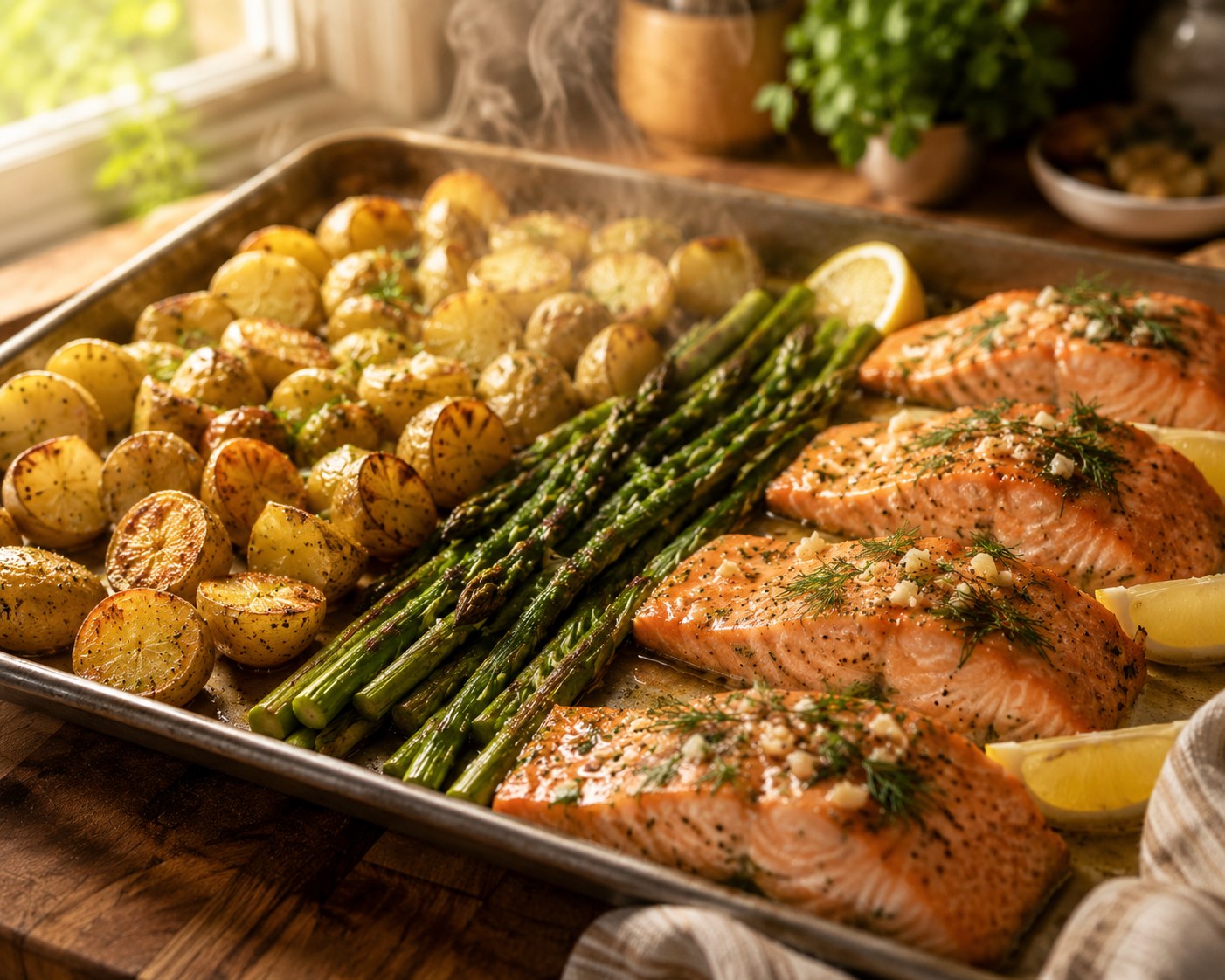 Sheet pan of roasted salmon fillets with asparagus and golden potatoes, garnished with lemon and fresh dill