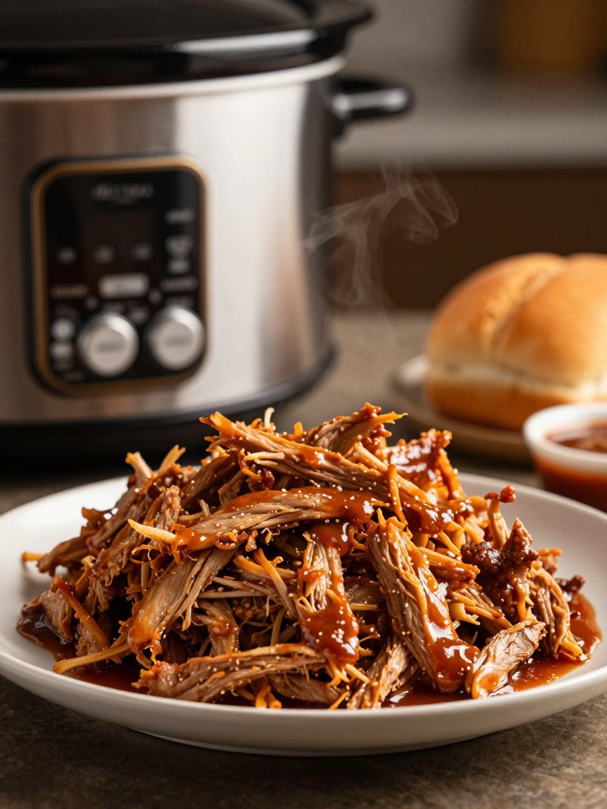 Shredded pulled pork piled on a plate with barbecue sauce, next to a slow cooker insert