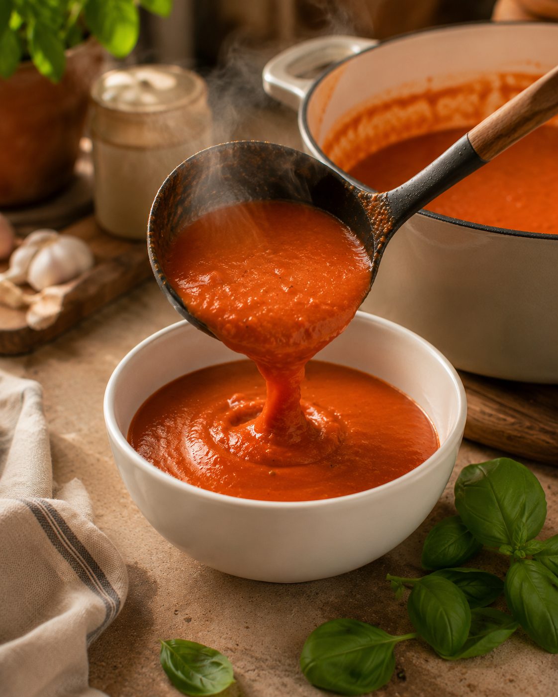 Ladling fresh tomato soup from the pot into a bowl