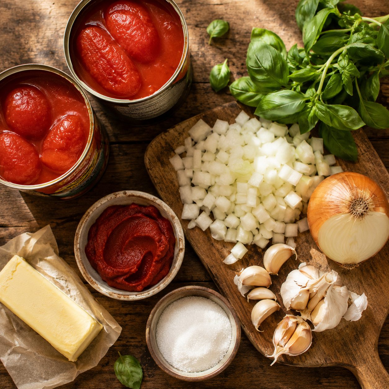 Ingredients for tomato soup laid out: canned tomatoes, onion, garlic, tomato paste, broth, and cream