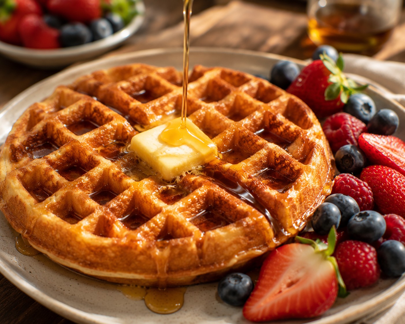 A stack of crispy golden Belgian waffles with deep pockets, topped with butter and maple syrup