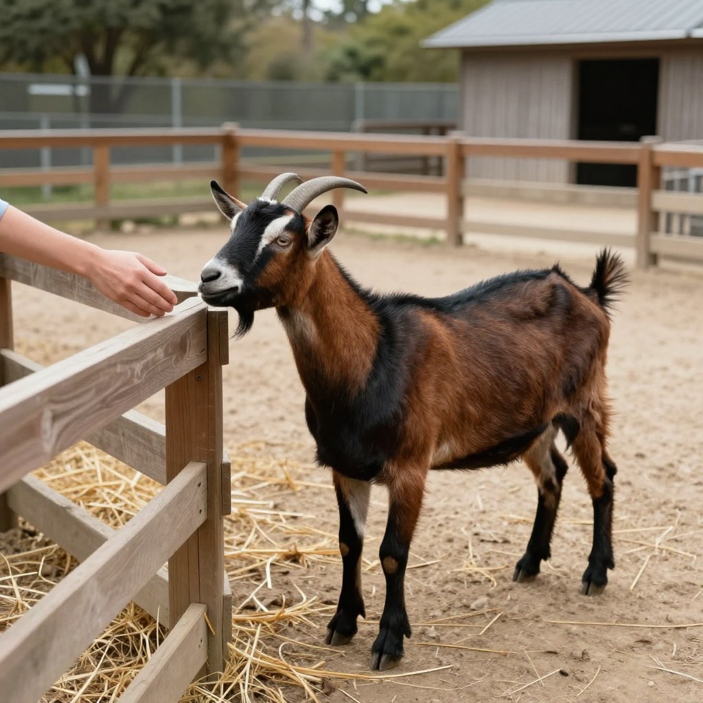 A goat standing at a wooden petting-zoo fence, reaching toward an open hand