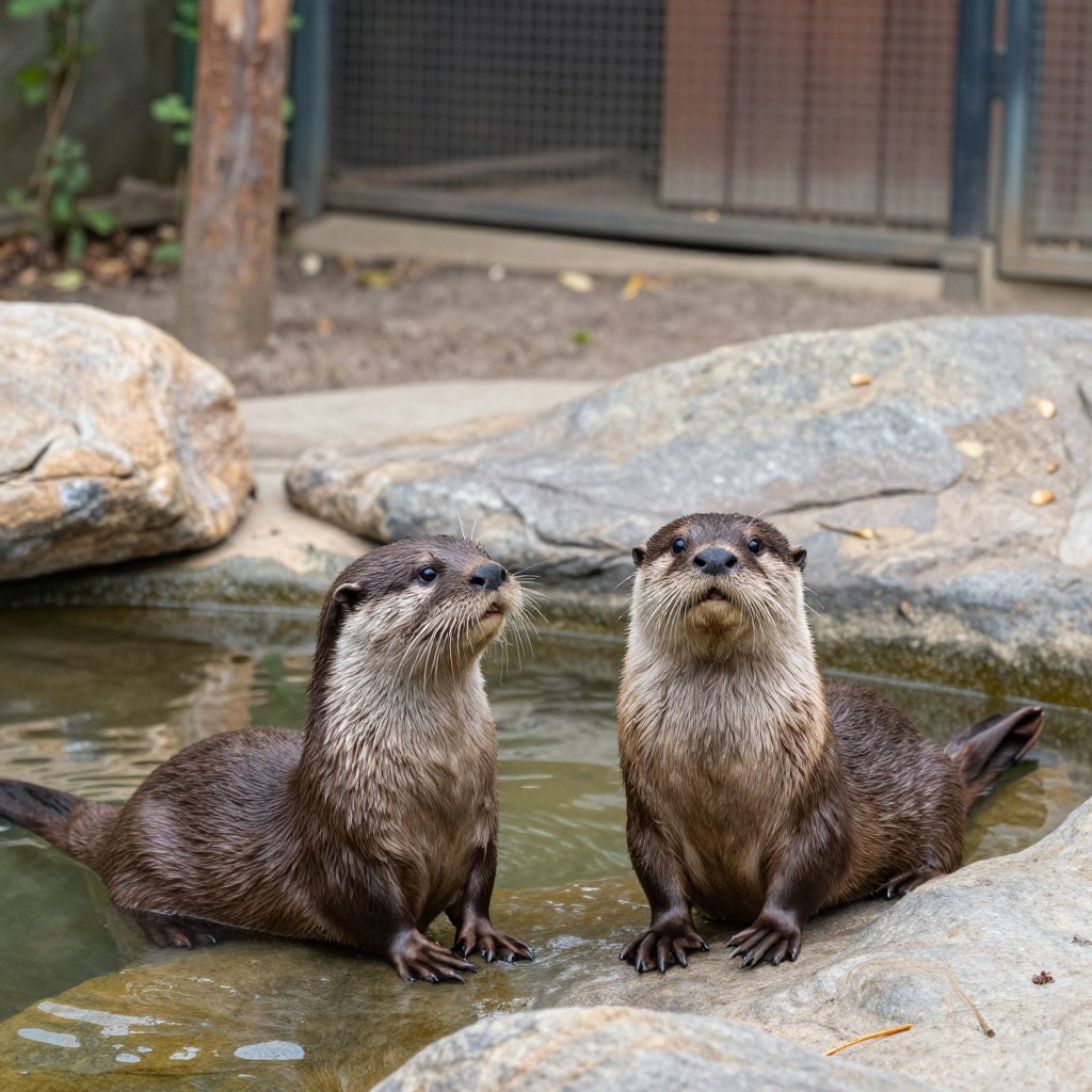 Two otters standing at full attention in shallow water at an outdoor zoo habitat pool