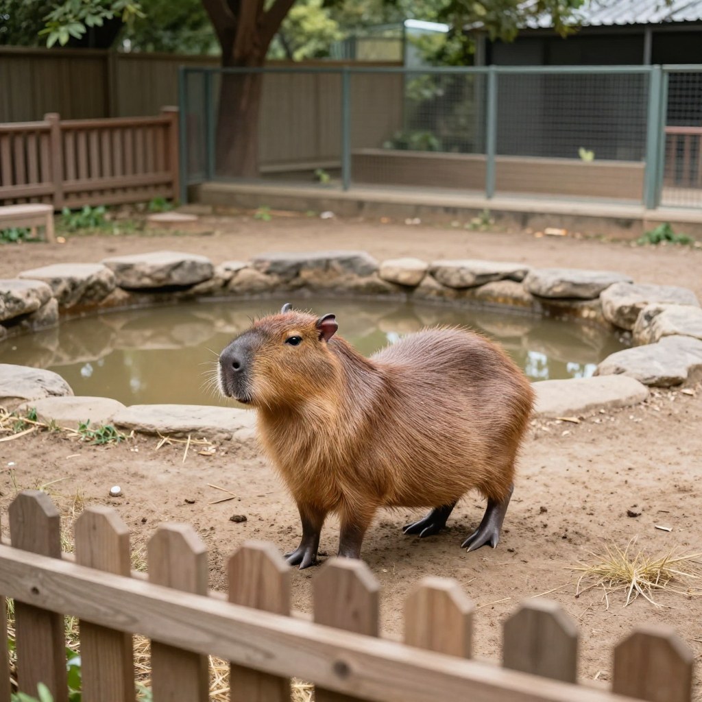 A capybara standing near a stone-ringed pond in an outdoor zoo enclosure