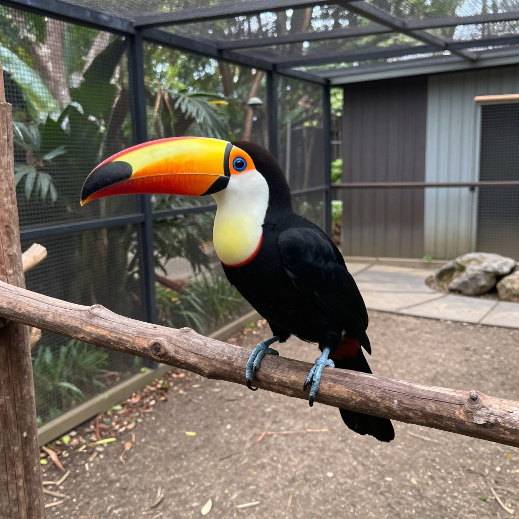 A colorful toucan perched on a wooden branch near an outdoor bird aviary