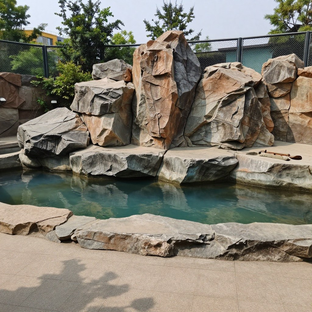 A wide view of the outdoor zoo otter habitat pool with steep jagged boulders and chain-link fencing
