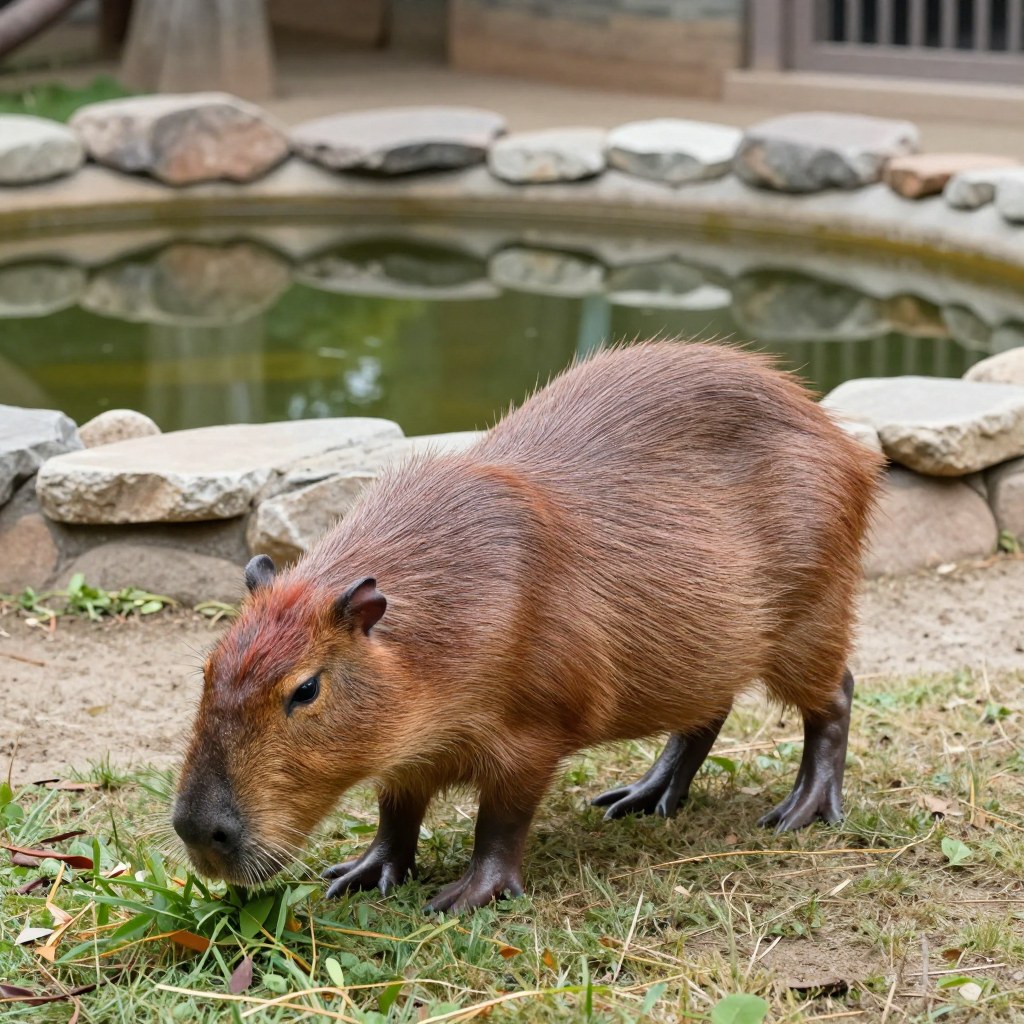 A capybara grazing on grass near the stone-ringed pond in the outdoor zoo enclosure