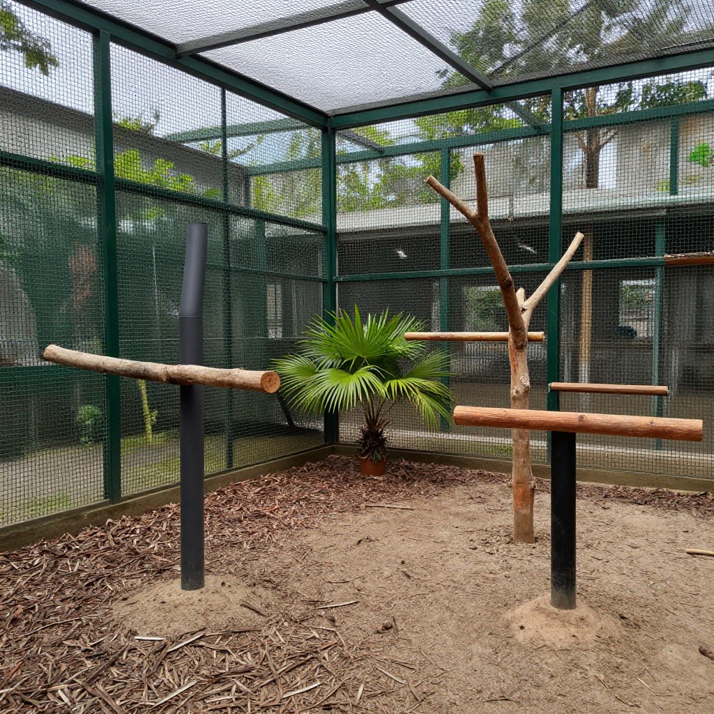 A wide view of the outdoor bird aviary enclosure with mesh netting and wooden branch perches