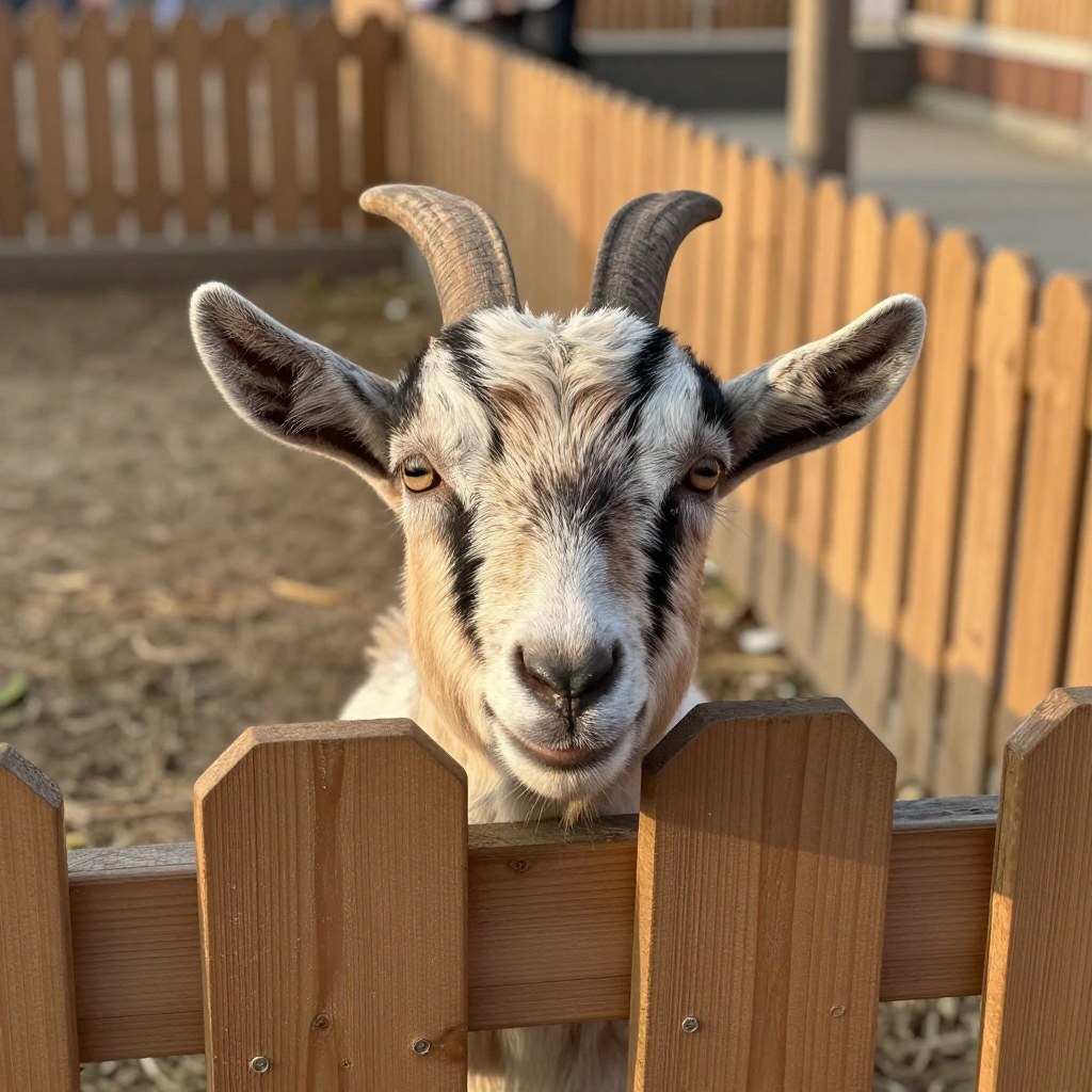 A goat's face looking directly through the wooden slats of a petting-zoo fence