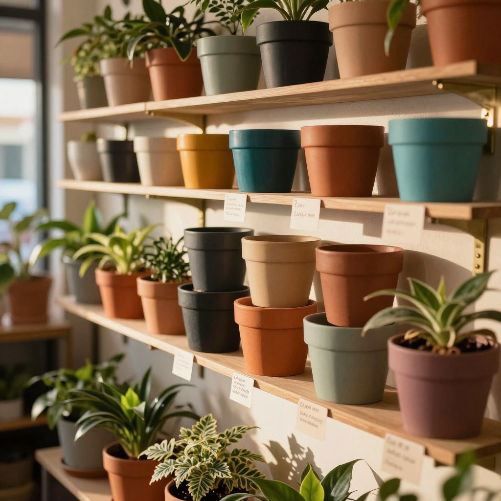 A wall of small potted plants with handwritten care-instruction tags in a plant shop