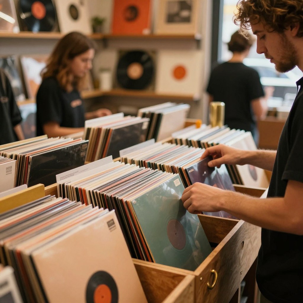 A customer browsing a crate of vinyl records in a record store