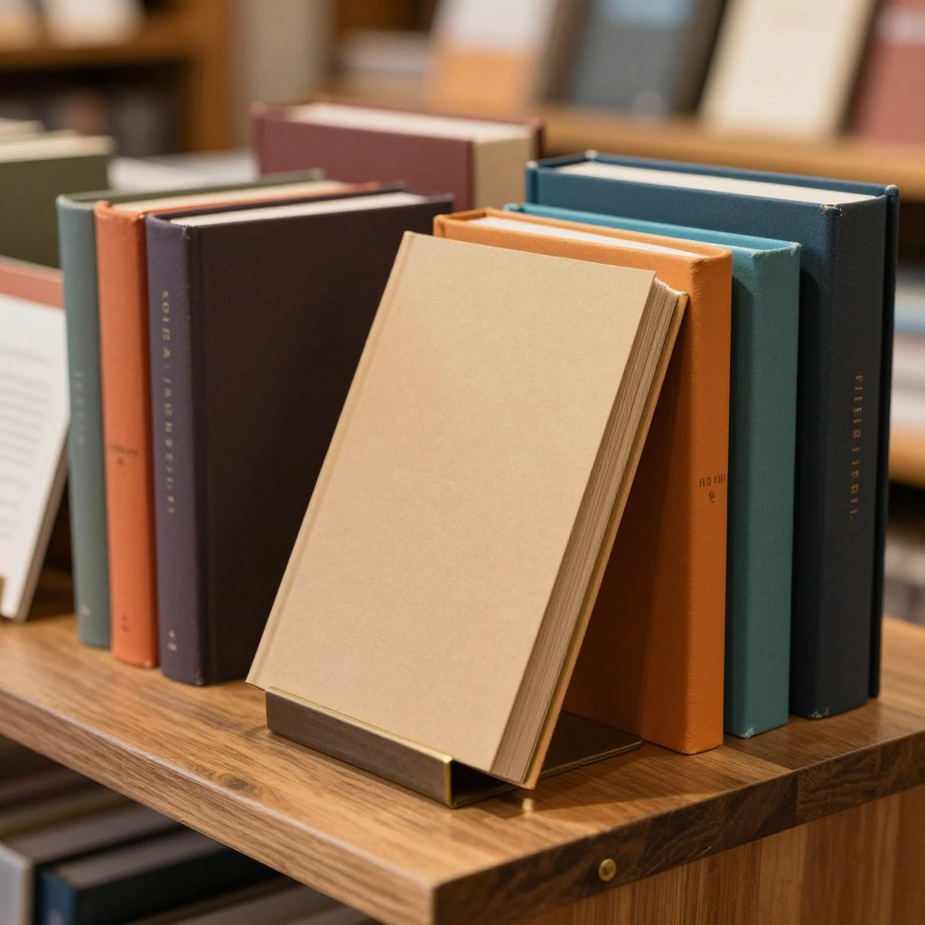 A bookstore table with hardcover books displayed spine-out and blank recommendation cards tucked among them