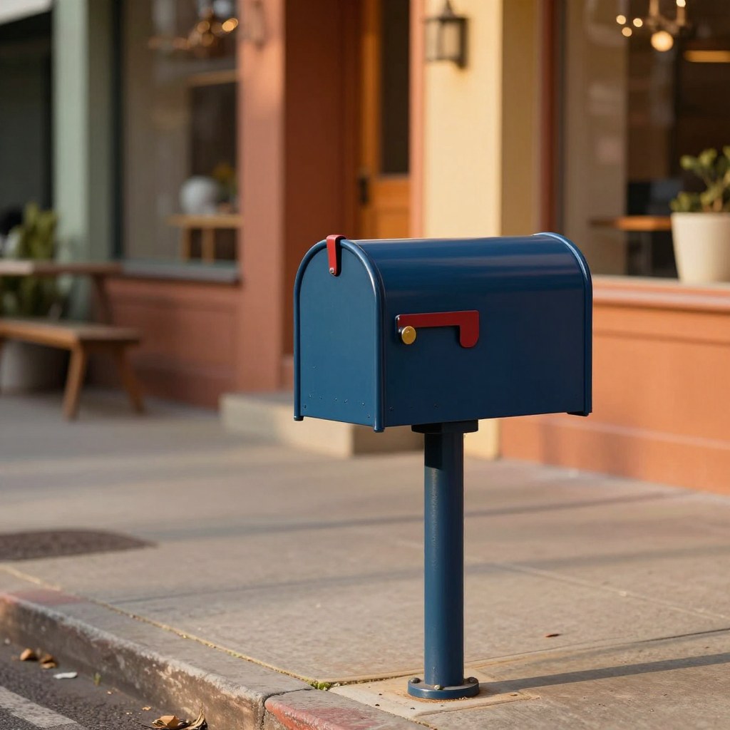 A blue mailbox on a city sidewalk in late-afternoon light