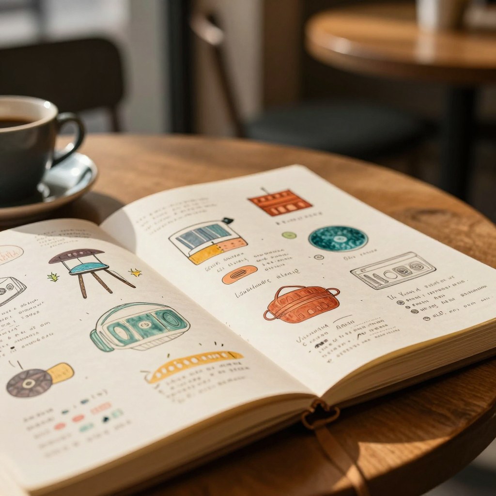 An open notebook page covered in hand-drawn diagrams and notes on a cafe table, coffee cup at the edge of frame