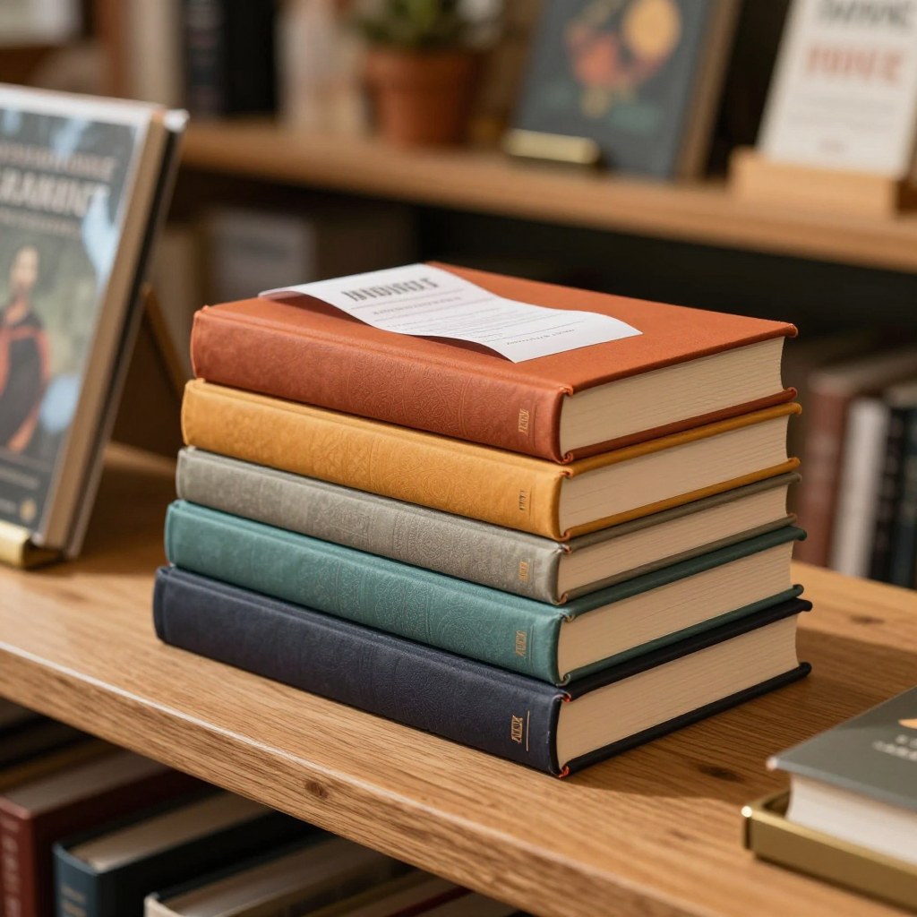 A stack of hardcover books on a wooden bookstore counter with a paper receipt tucked into the top book