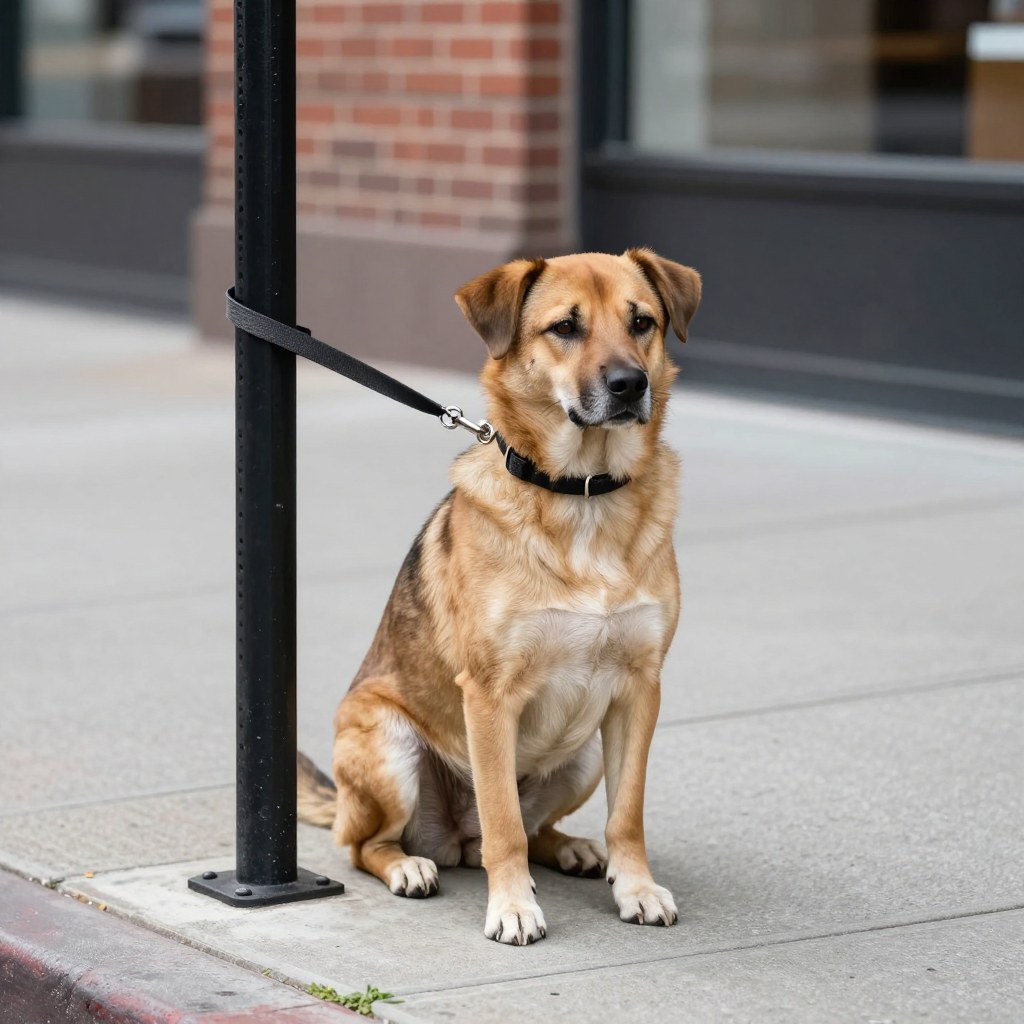 A dog tied by its leash to a post outside a storefront on a city sidewalk, waiting patiently