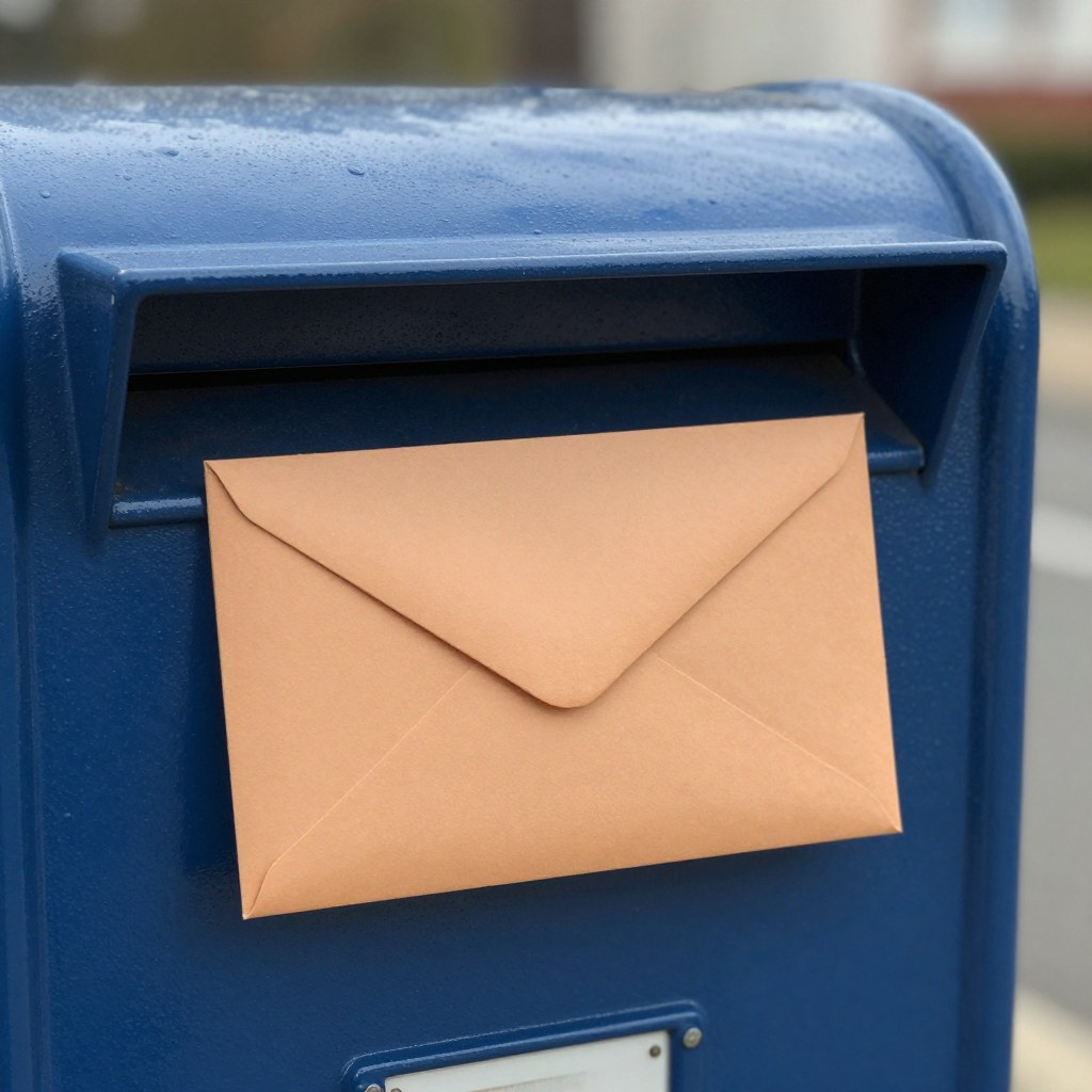 A close-up of a stamped envelope tucked into the open slot of a blue city mailbox