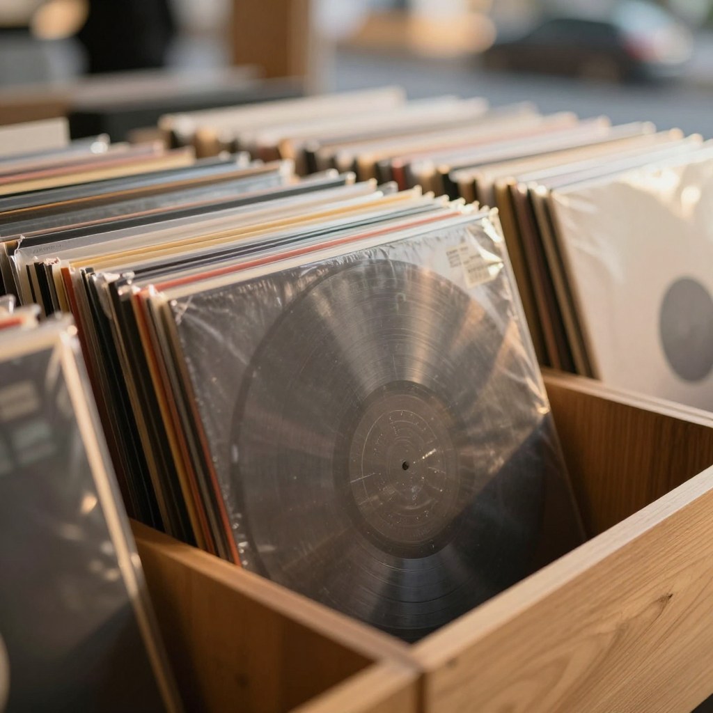 Vinyl records standing in a wooden record store bin with more record bins blurred in the background