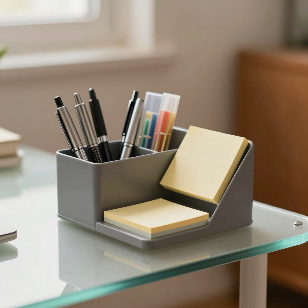 A compact desk organizer holding pens, sticky notes, and small supplies on an otherwise clear small desk