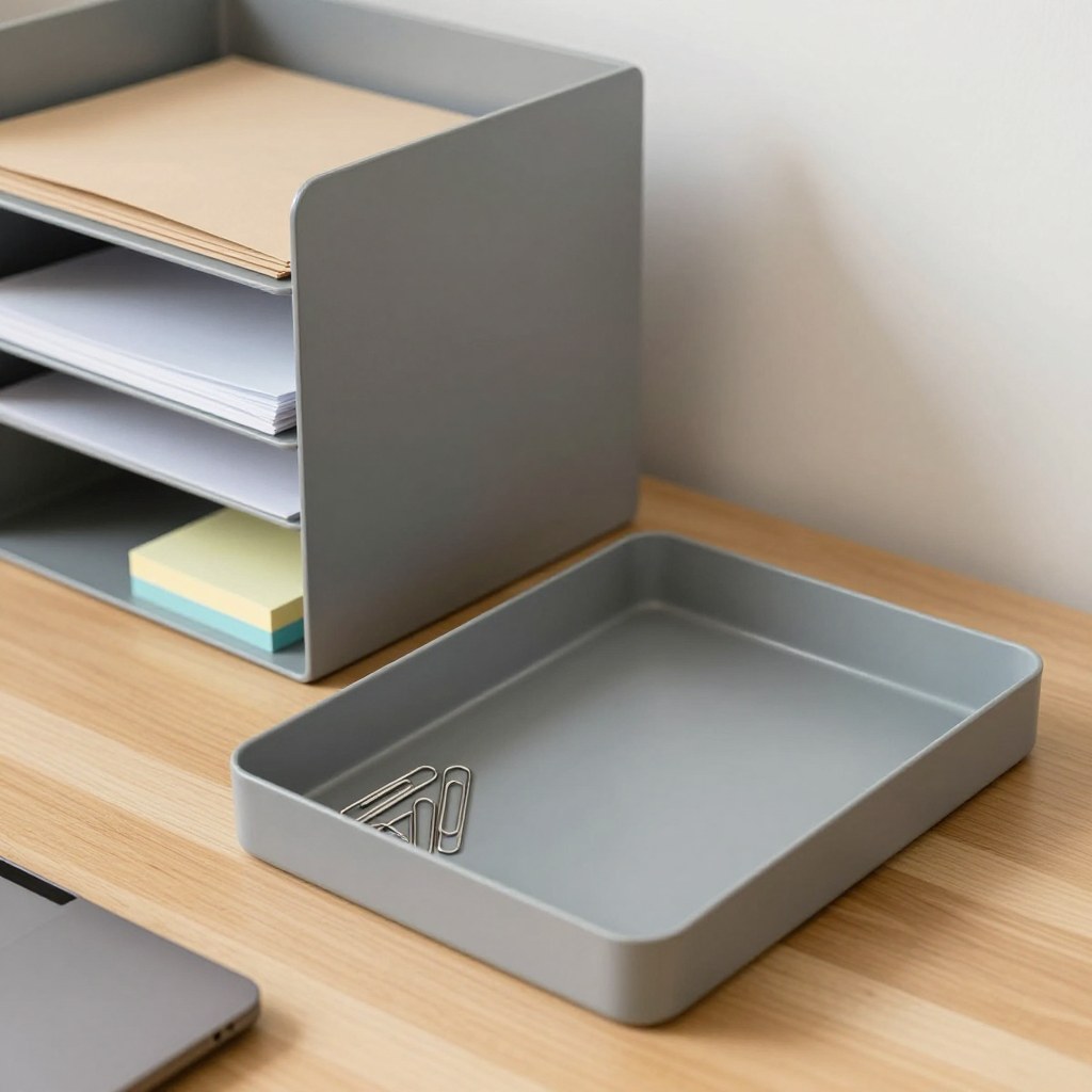 Close-up comparison of a tall vertical desk organizer next to a wide flat one on the same size desk