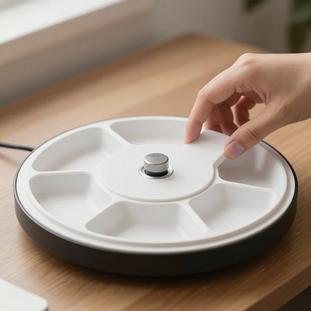 A rotating round desk organizer being spun to reach a compartment on the far side