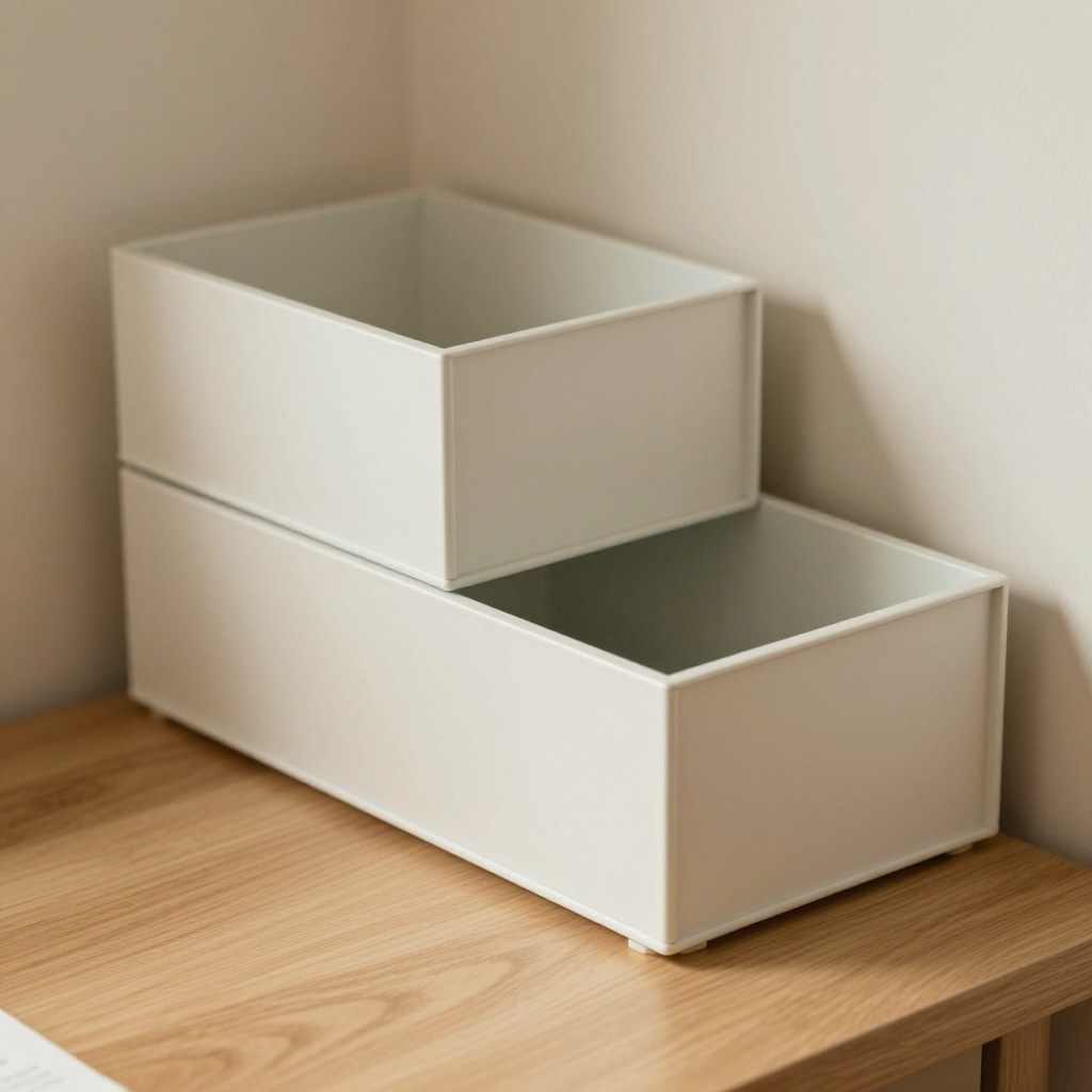 A small desk corner with a stacked drawer-and-bin organizer, one bin unit added and a second empty spot beside it