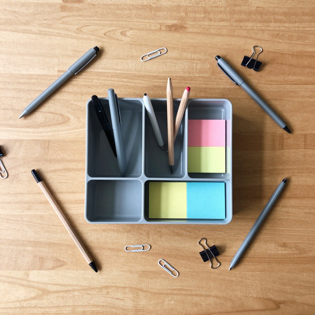 A cluttered small desk surface beside the same desk after supplies were consolidated into one compact organizer