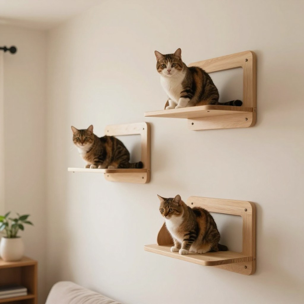 A modular wall-mounted cat shelf system installed along an apartment wall, connecting three shelves into a single climbing path