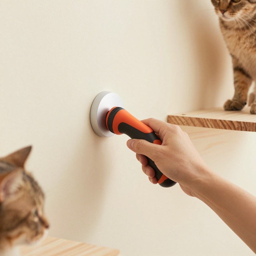 Close-up of a stud finder being used against a wall before mounting a cat shelf