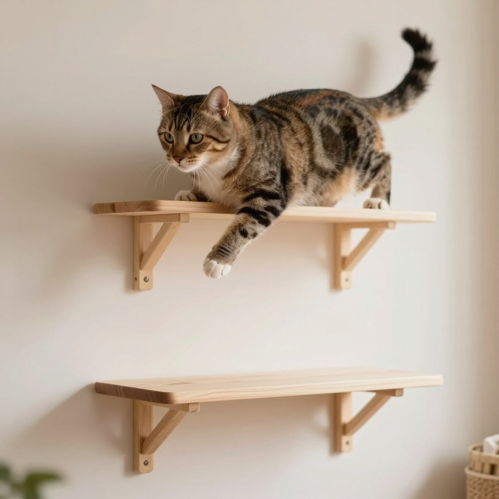 Two cat wall shelves at different heights, one cat mid-jump between them