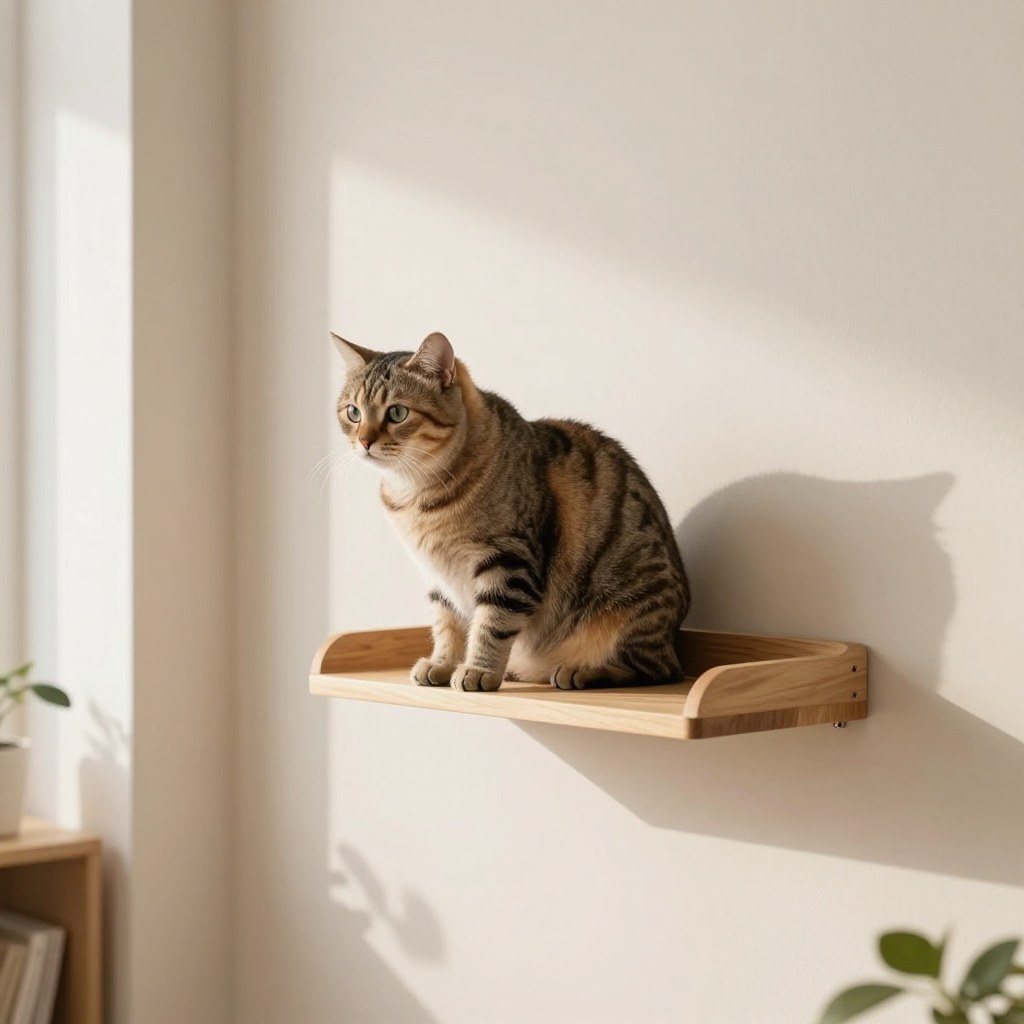 A wall-mounted cat shelf styled to look like a floating decorative shelf, blending into a living room wall