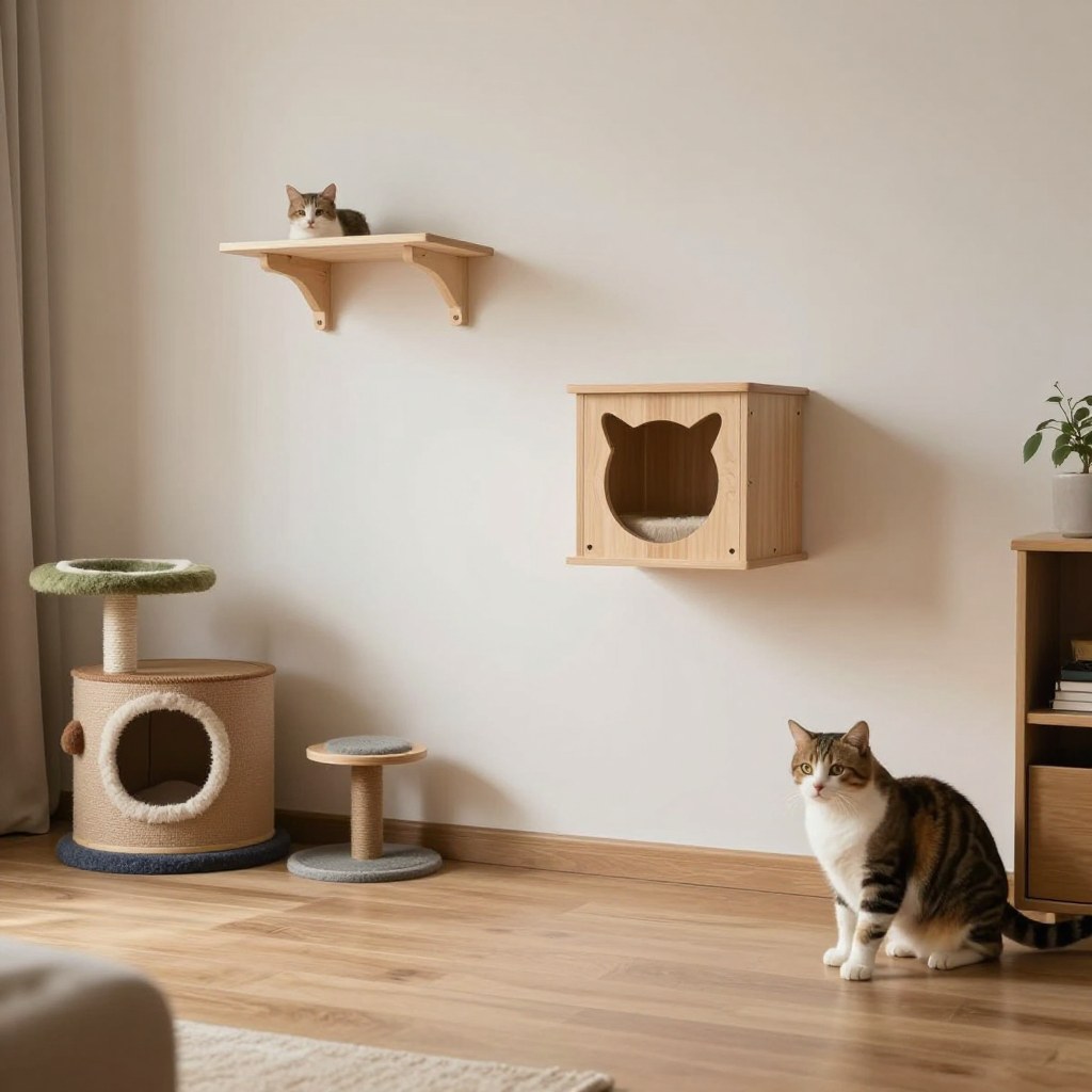 A cluttered apartment floor with cat toys beside the same room after adding wall-mounted cat shelves, floor space clear