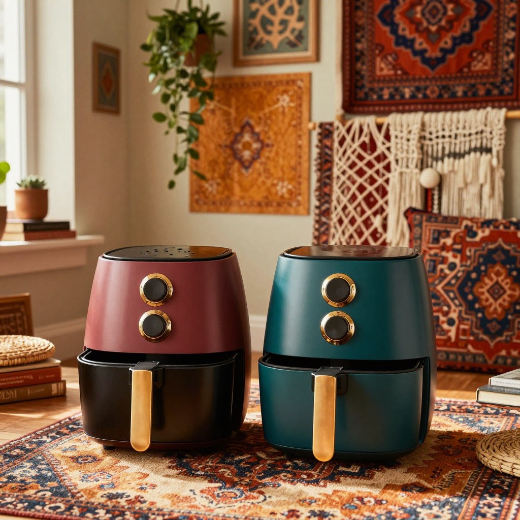 Small single-serving air fryer basket next to a larger compact basket, each with a matching food portion