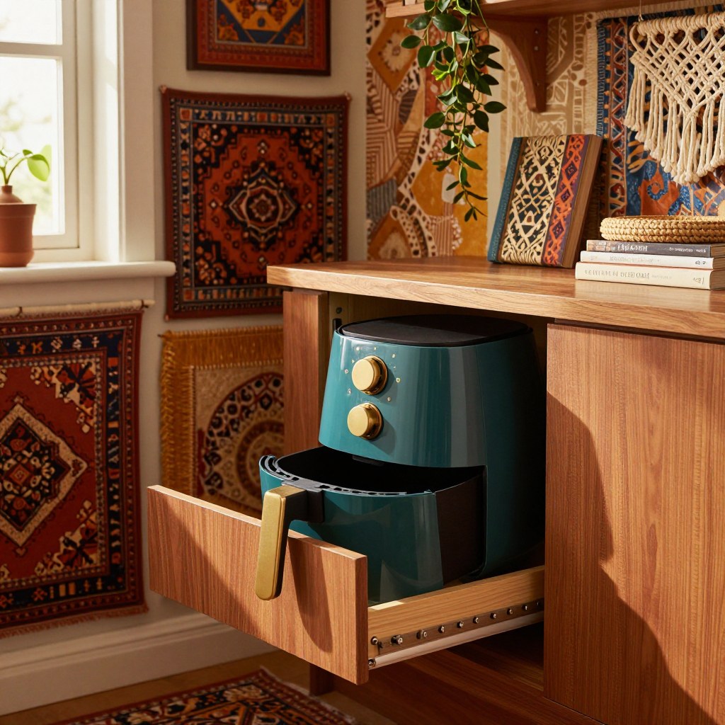 Sliding a compact air fryer onto a lower cabinet shelf to check it fits for storage