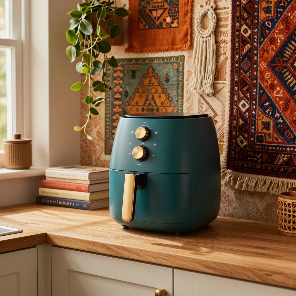 Oversized air fryer with zero clearance crowding a narrow kitchen counter