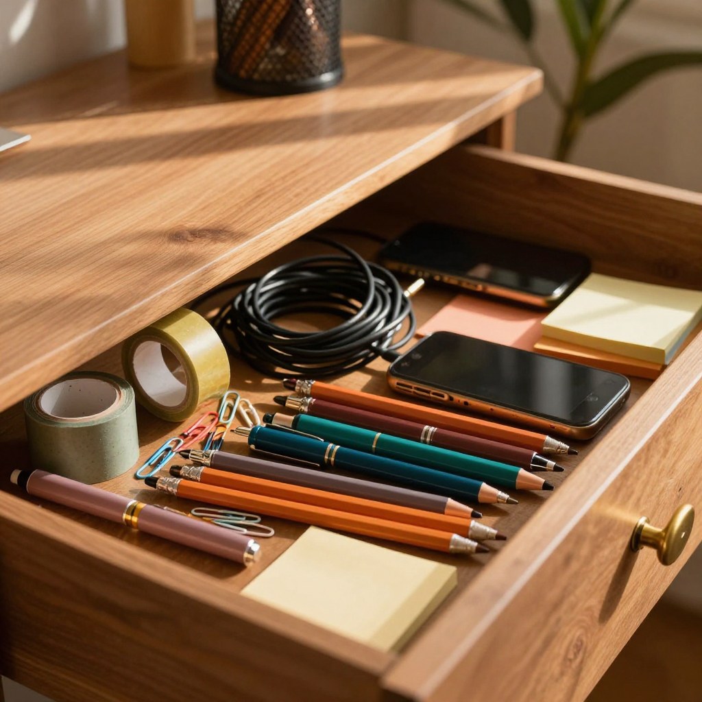 A cluttered office desk drawer full of loose pens, cables, tape, and sticky notes