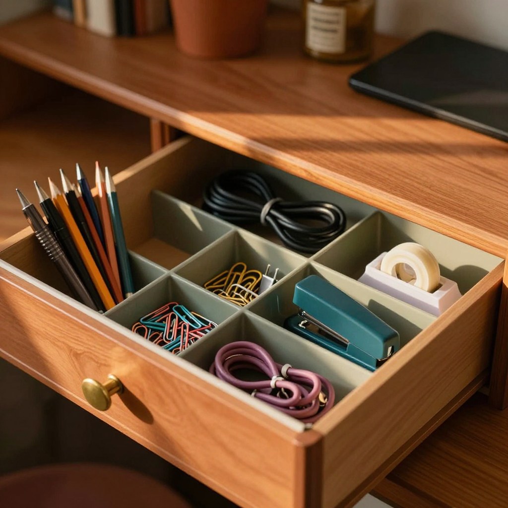 The same desk drawer neatly sorted into labeled trays and dividers