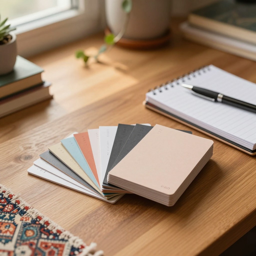 A stack of well-worn index cards fanned out on a desk next to an open notebook