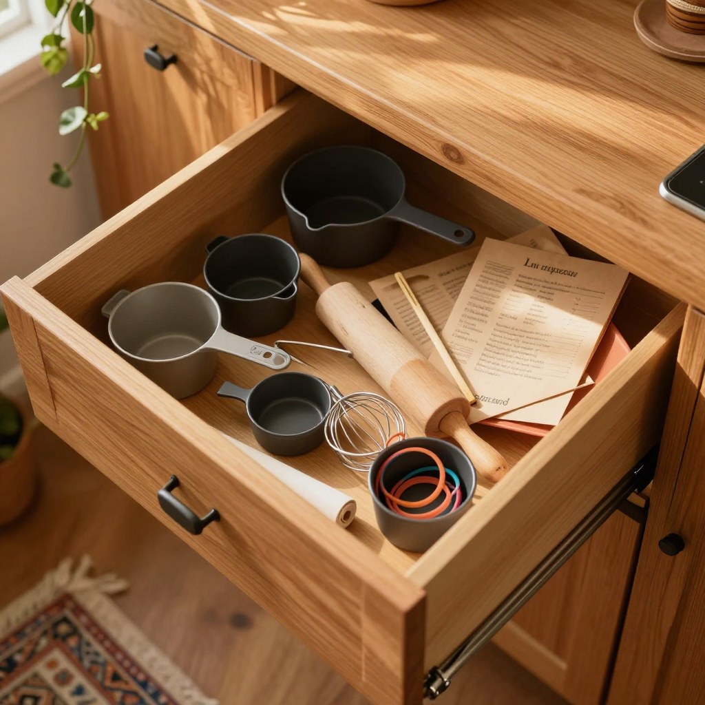 A messy galley-kitchen drawer holding baking tools, old takeout menus, a rubber band ball, and one orphaned chopstick