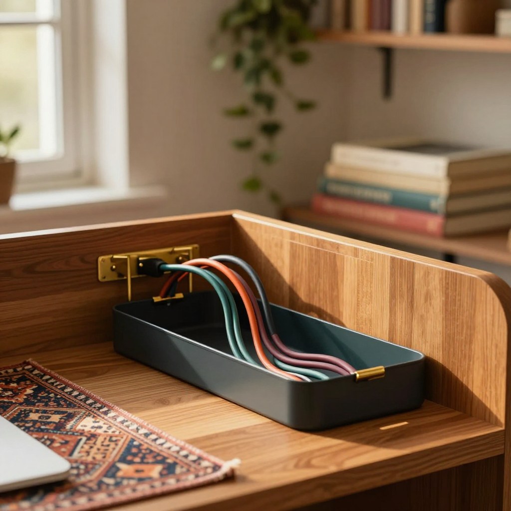 A tidy desk cable-management corner with cables neatly routed through a tray and clip system