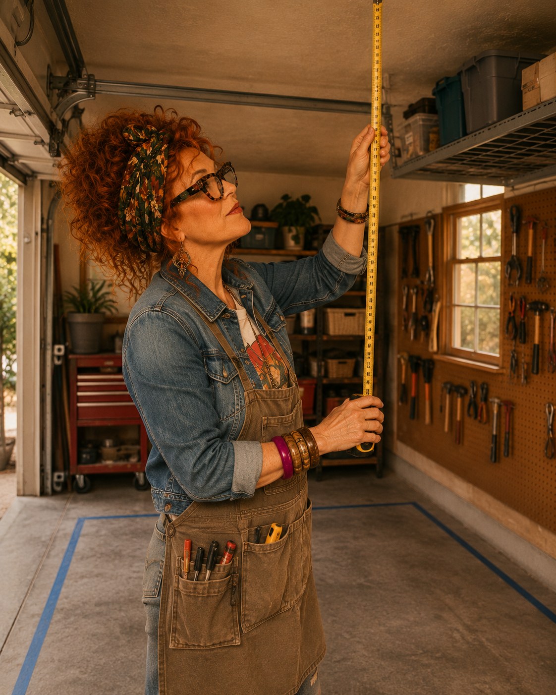 Winnie assessing overhead ceiling clearance in a small garage.